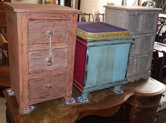 A painted three drawer bedside chest, a six drawer chest and a painted stool